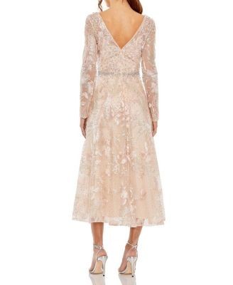 Mac Duggal Beaded Embroidered Long Sleeve V Neck Midi Dress