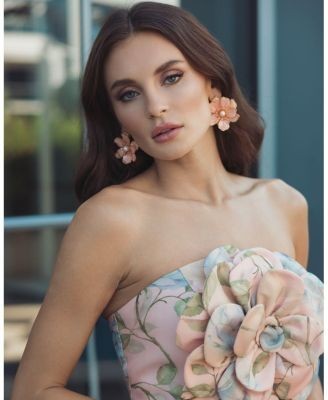Mac Duggal Strapless Floral Organza Midi Dress with Flower