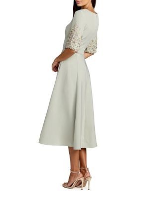 Mac Duggal Crepe A Line Midi Dress with Beaded Sleeves