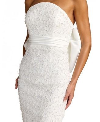 Mac Duggal Beaded Lace Strapless Bow Detail Fitted Midi Dress