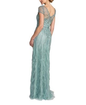 Mac Duggal Embellished Net Short Sleeve Feather Gown
