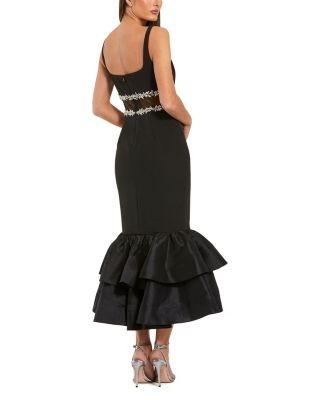 Mac Duggal Petite Crepe Midi Dress with Jewel Detail & Ruffle Hem