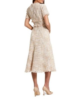 Mac Duggal Petite Beige Boucle Short Sleeve A Line Midi Dress
