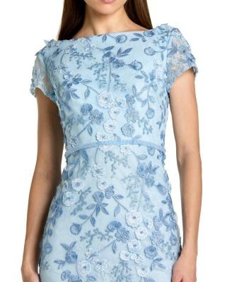 Mac Duggal Petite Blue Floral Applique Boat Neck Cap Sleeve Gown
