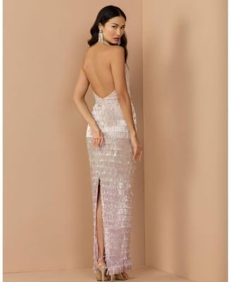 Mac Duggal Halter Neck Mesh Embellished Fringe Column Gown