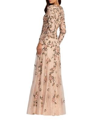Mac Duggal Embellished Lace Floral Long Sleeve A-Line Gown