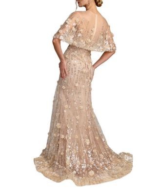 Mac Duggal Chiffon Lace Floral Caplet Sleeve Trumpet Gown