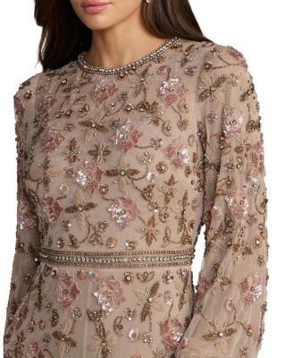 Mac Duggal Sequin Mesh Blouson Long Sleeve A Line Gown