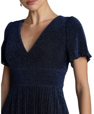 Mac Duggal Pleated Metallic Flutter Sleeve V-Neck A-Line Gown