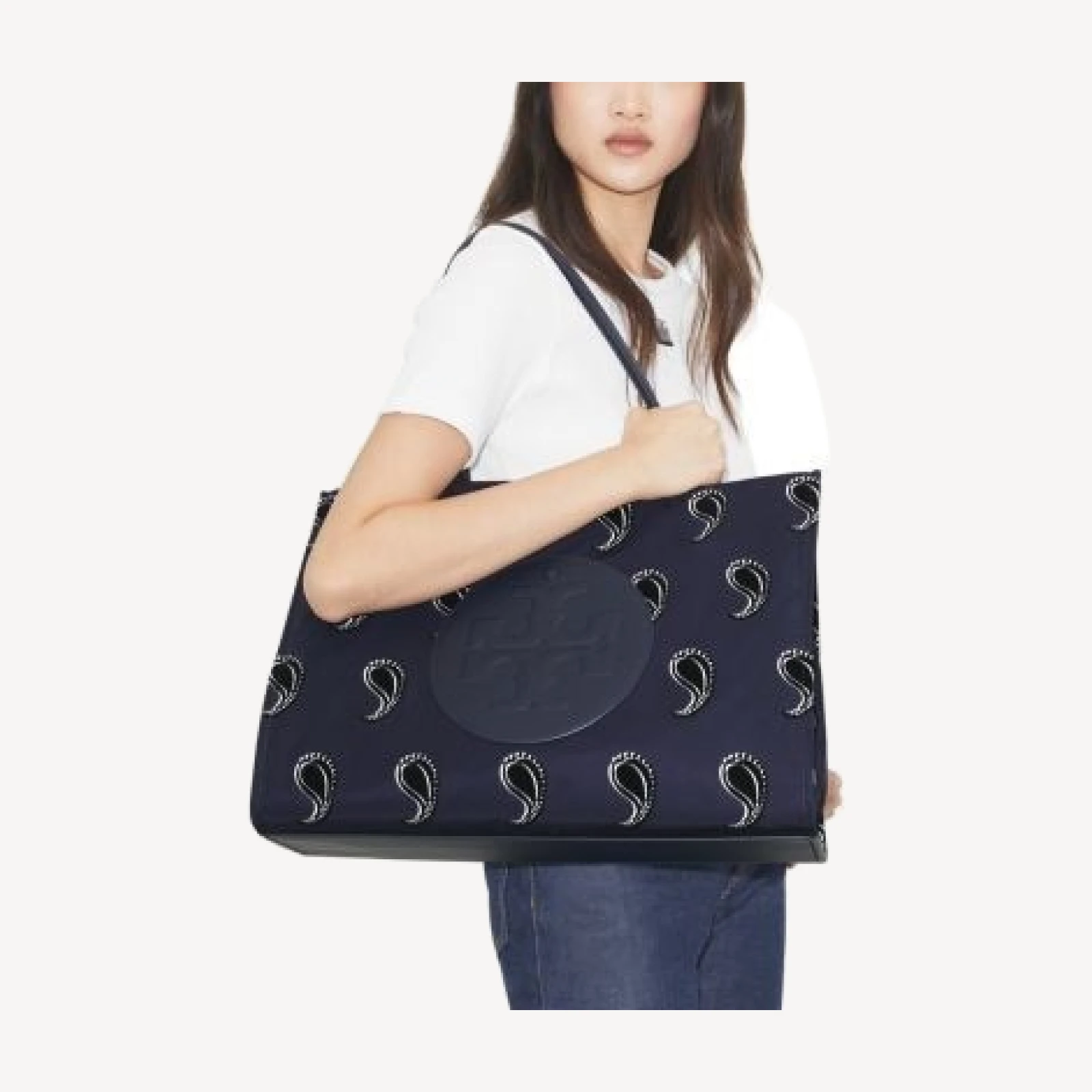 Tory Burch Ella Navy Pajama Print Polyester Tote Bag