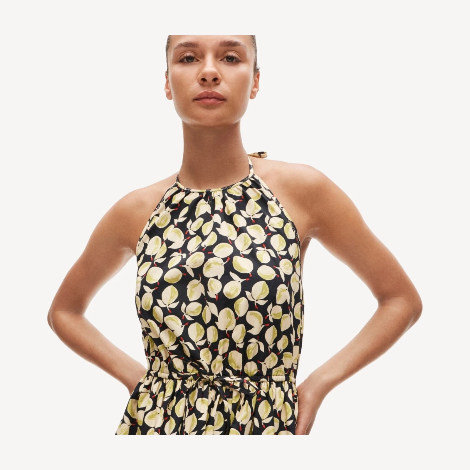 Halter dress in lemon-print cotton poplin