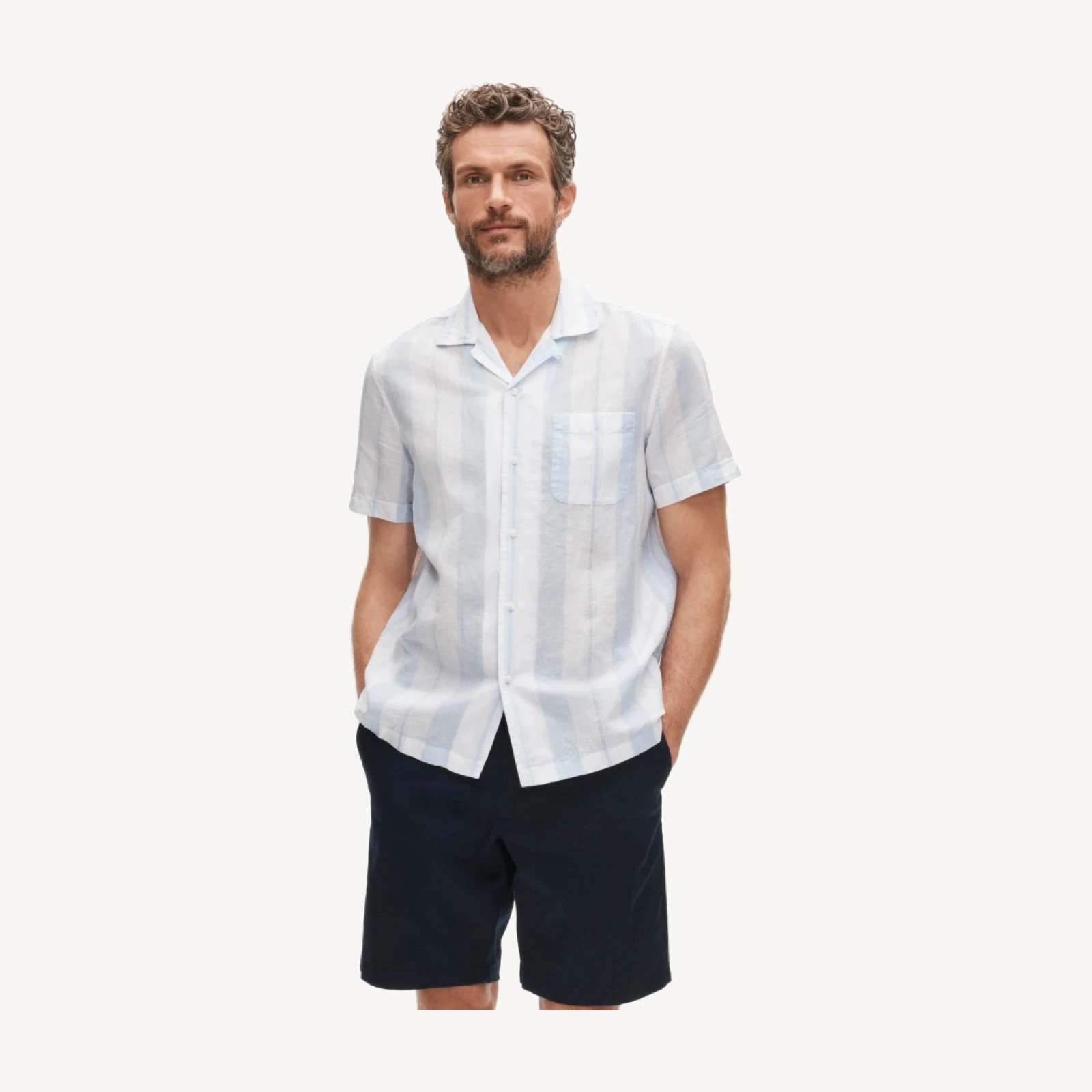 Short-sleeve camp-collar shirt in cotton-linen blend
