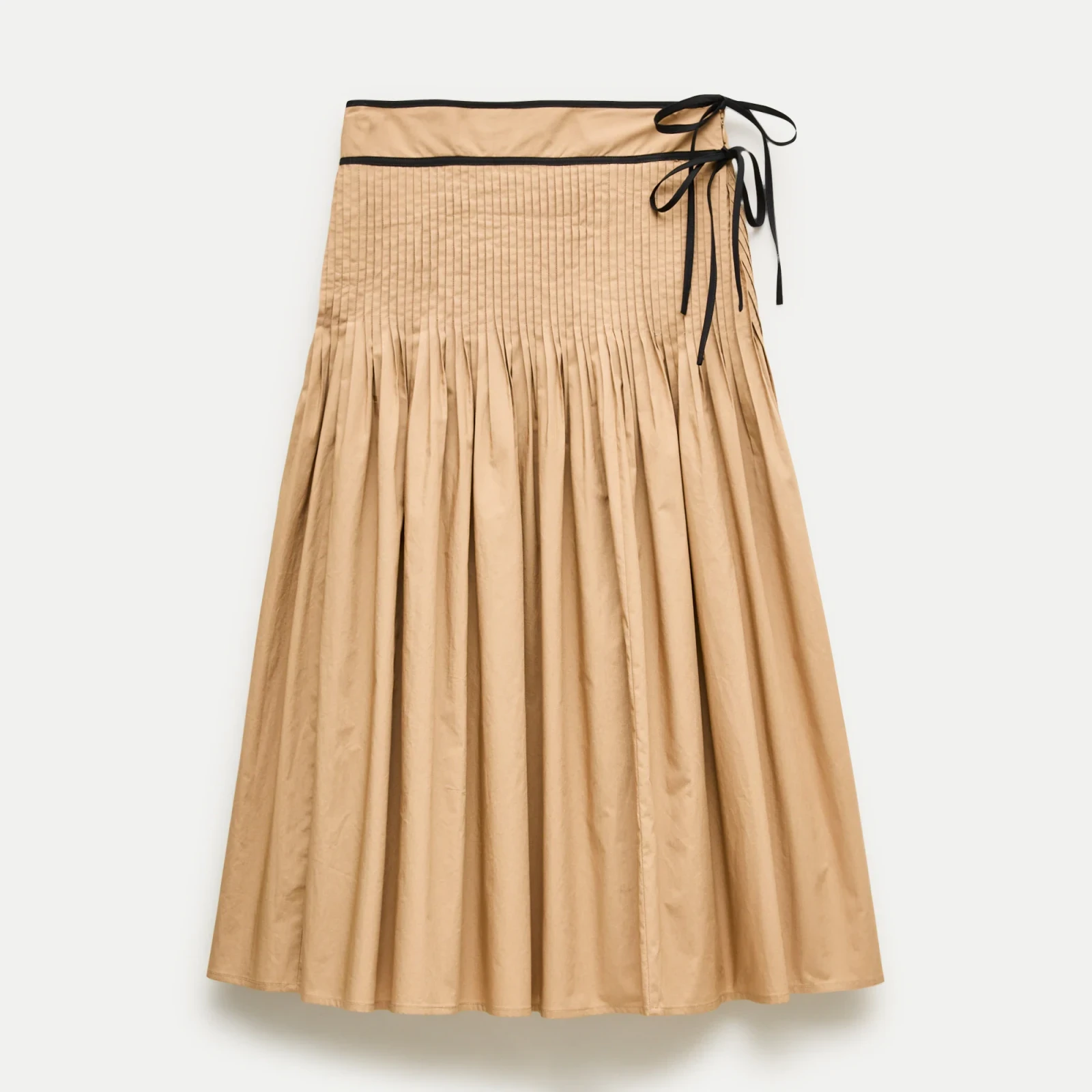 Faux side-tie pleated skirt in cotton poplin