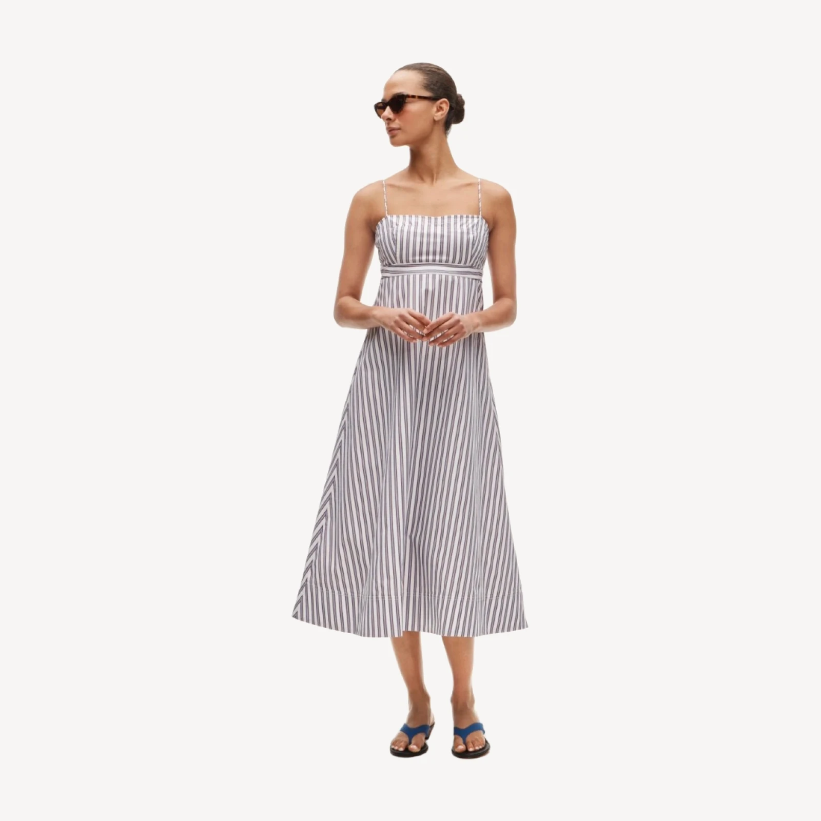 Empire-waist dress in striped cotton poplin