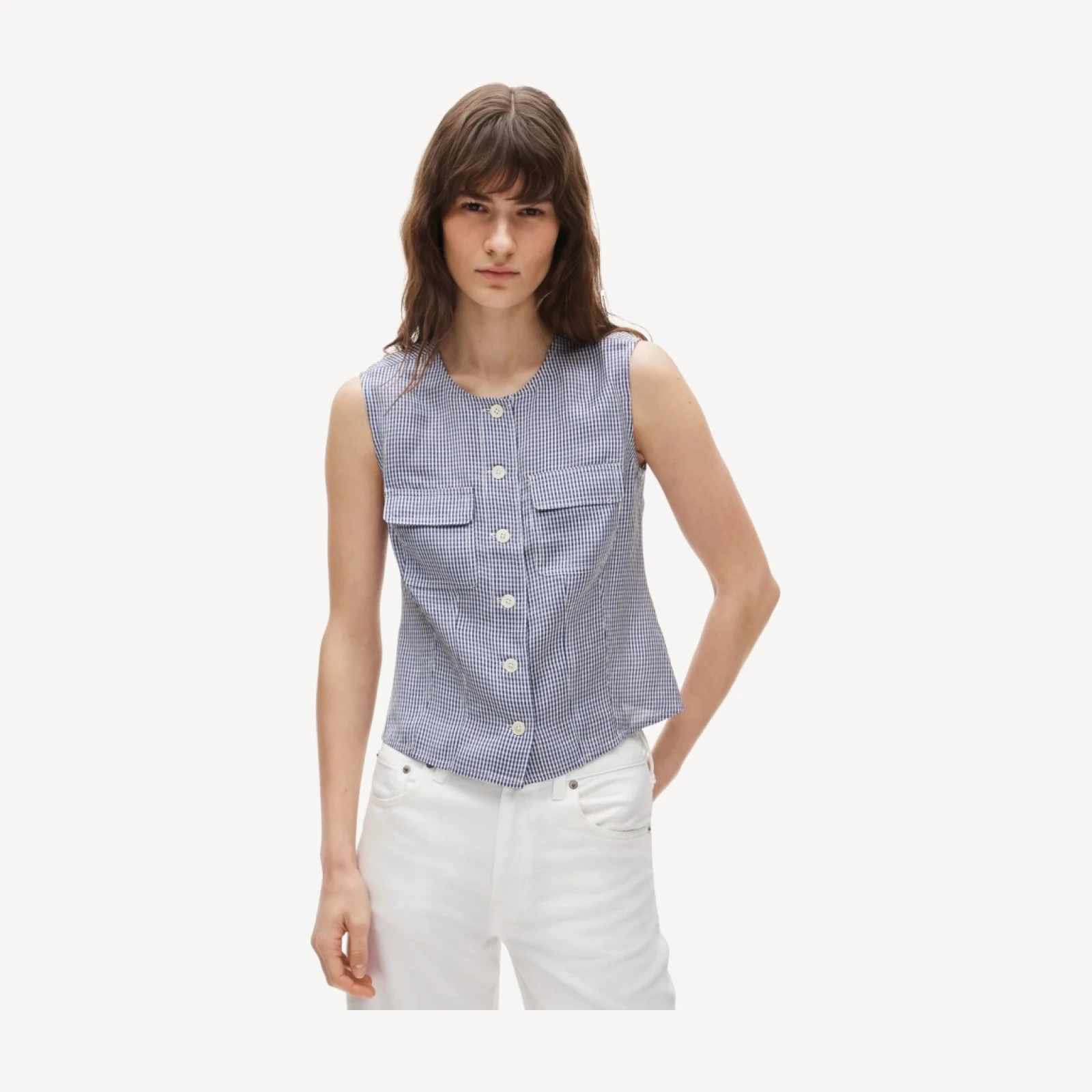 Utility button-up top in gingham Gramercy linen blend