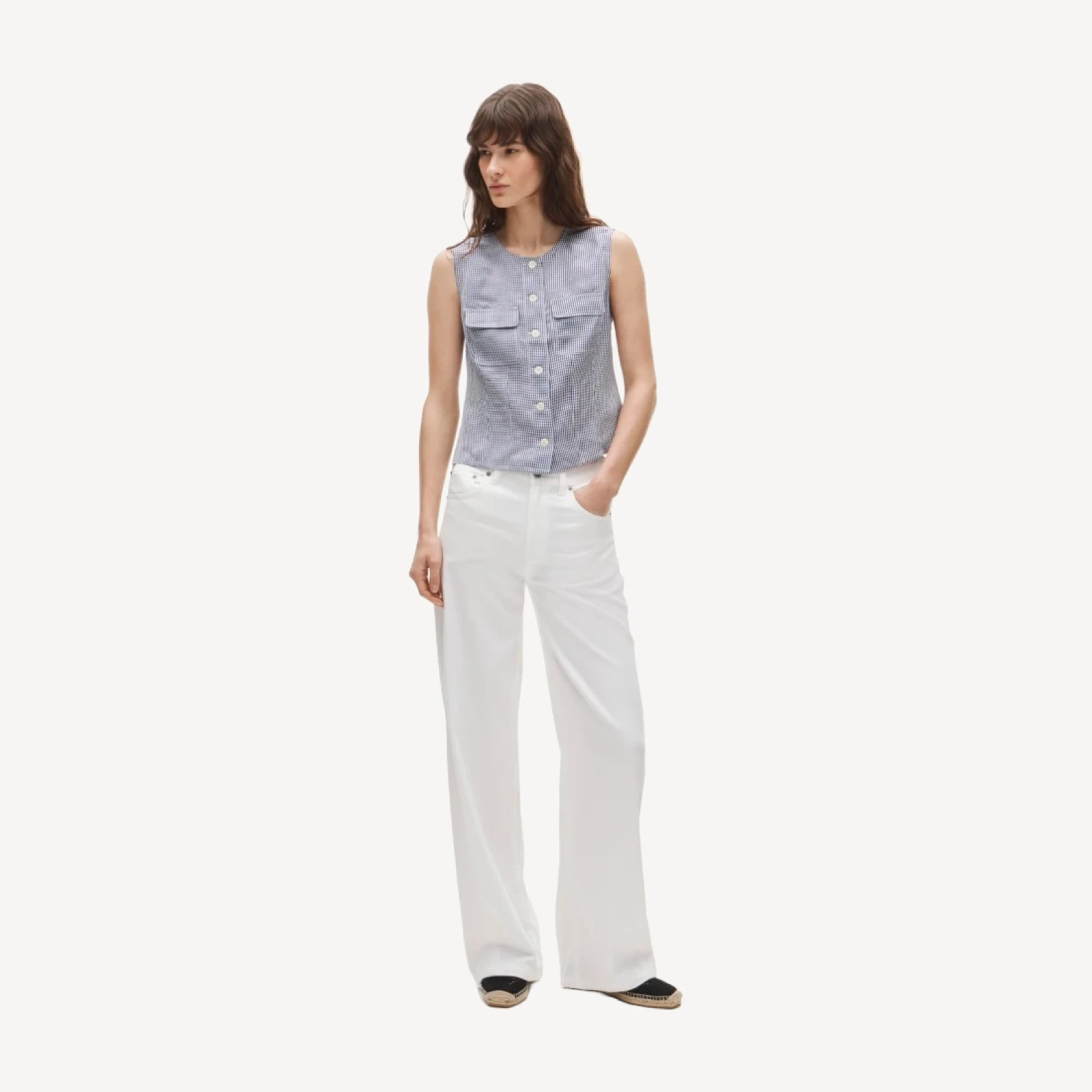Utility button-up top in gingham Gramercy linen blend