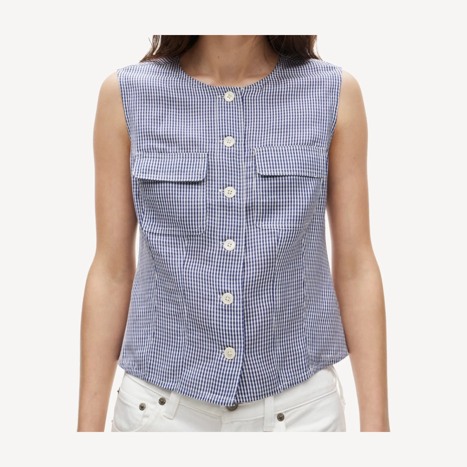 Utility button-up top in gingham Gramercy linen blend