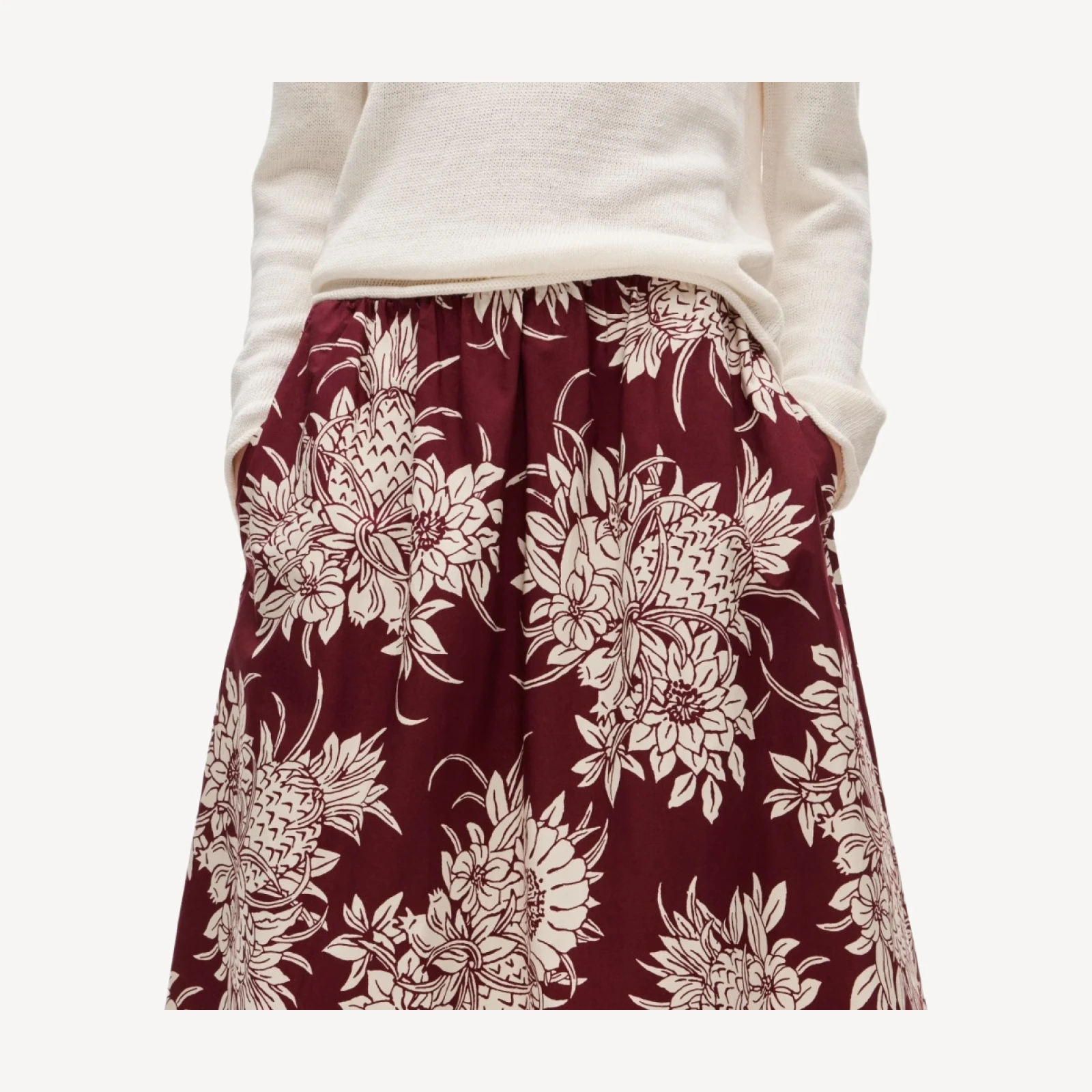 Pull-on midi skirt in pineapple garden print