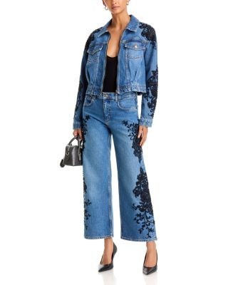 Ramy Brook Lea Beaded High Rise Cropped Wide Leg Jeans in Mid Cerulean