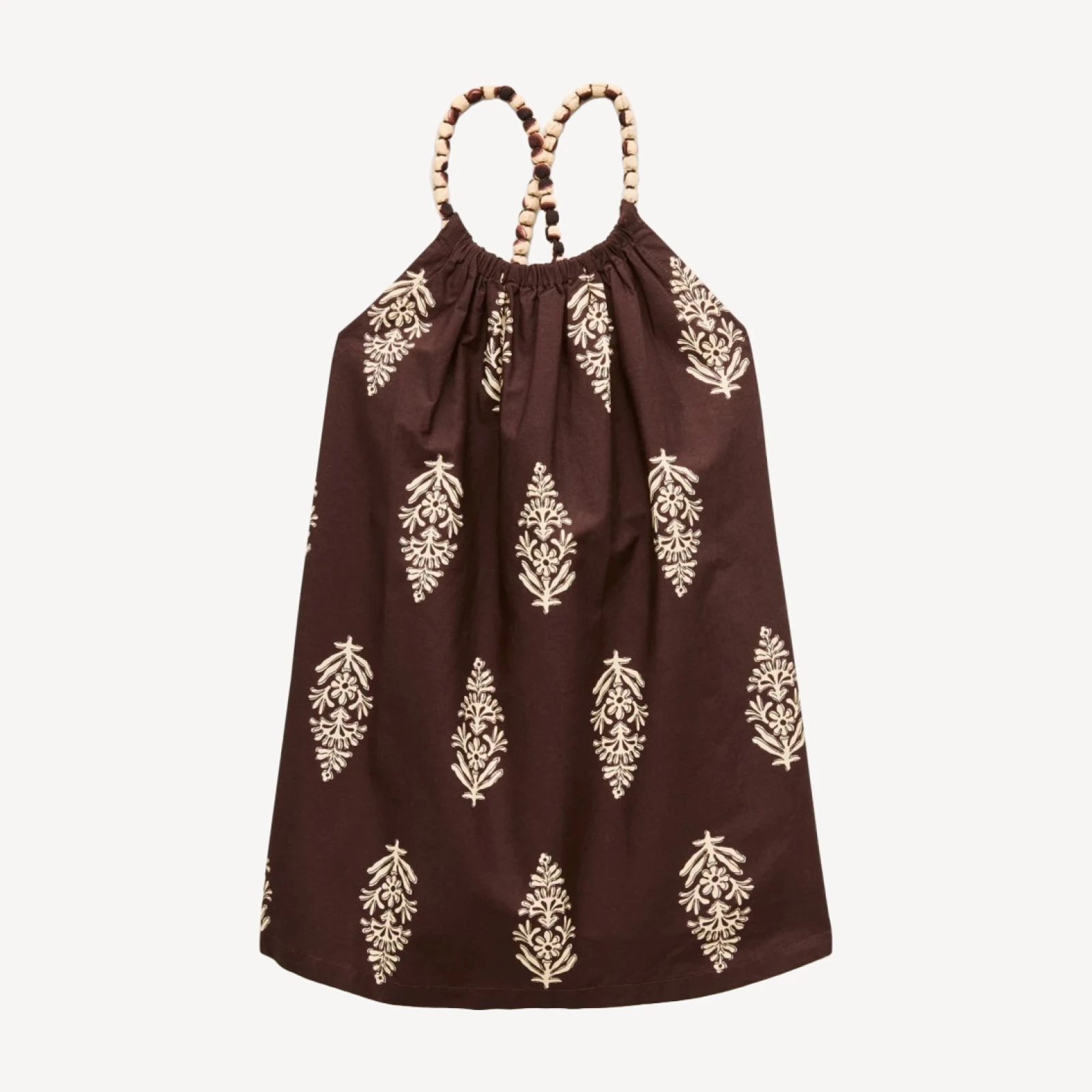 Girls' bubble-strap halter dress in cocoa block print