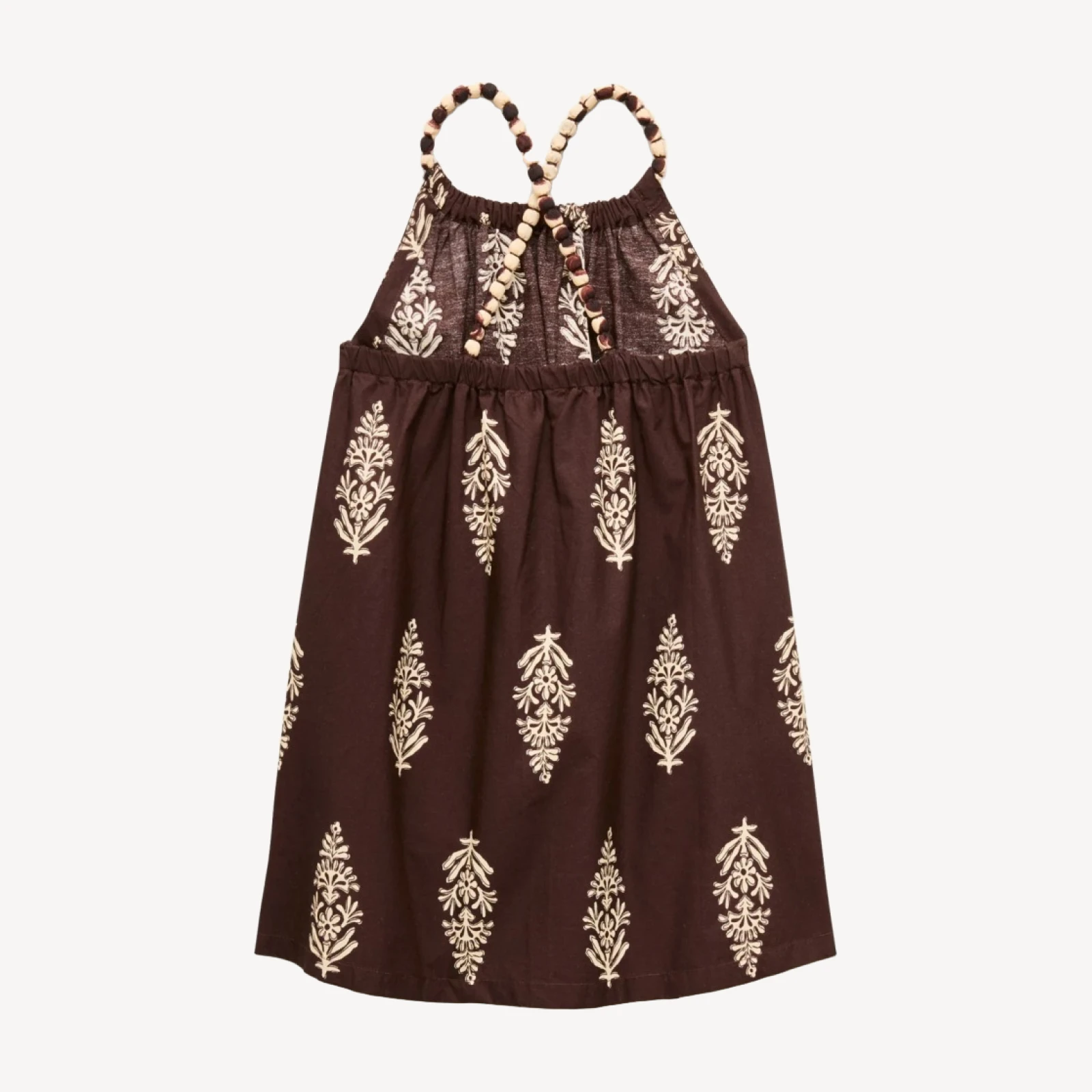 Girls' bubble-strap halter dress in cocoa block print