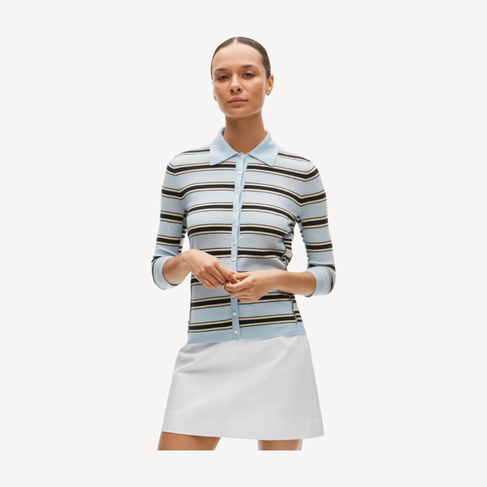 Featherweight cashmere collared cardigan in mixed stripe