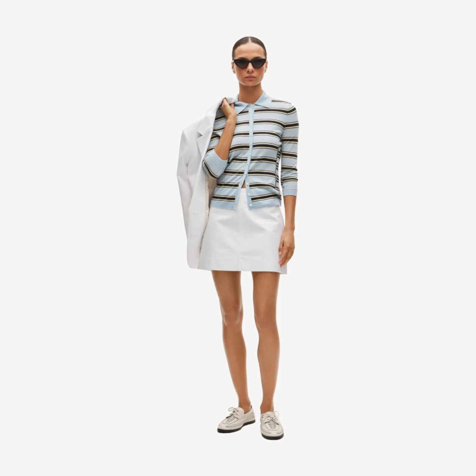 Featherweight cashmere collared cardigan in mixed stripe
