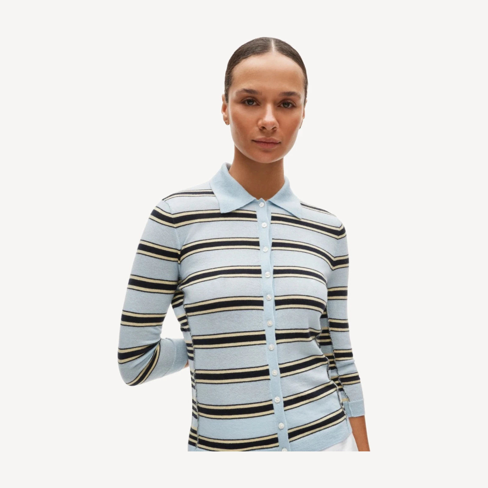 Featherweight cashmere collared cardigan in mixed stripe
