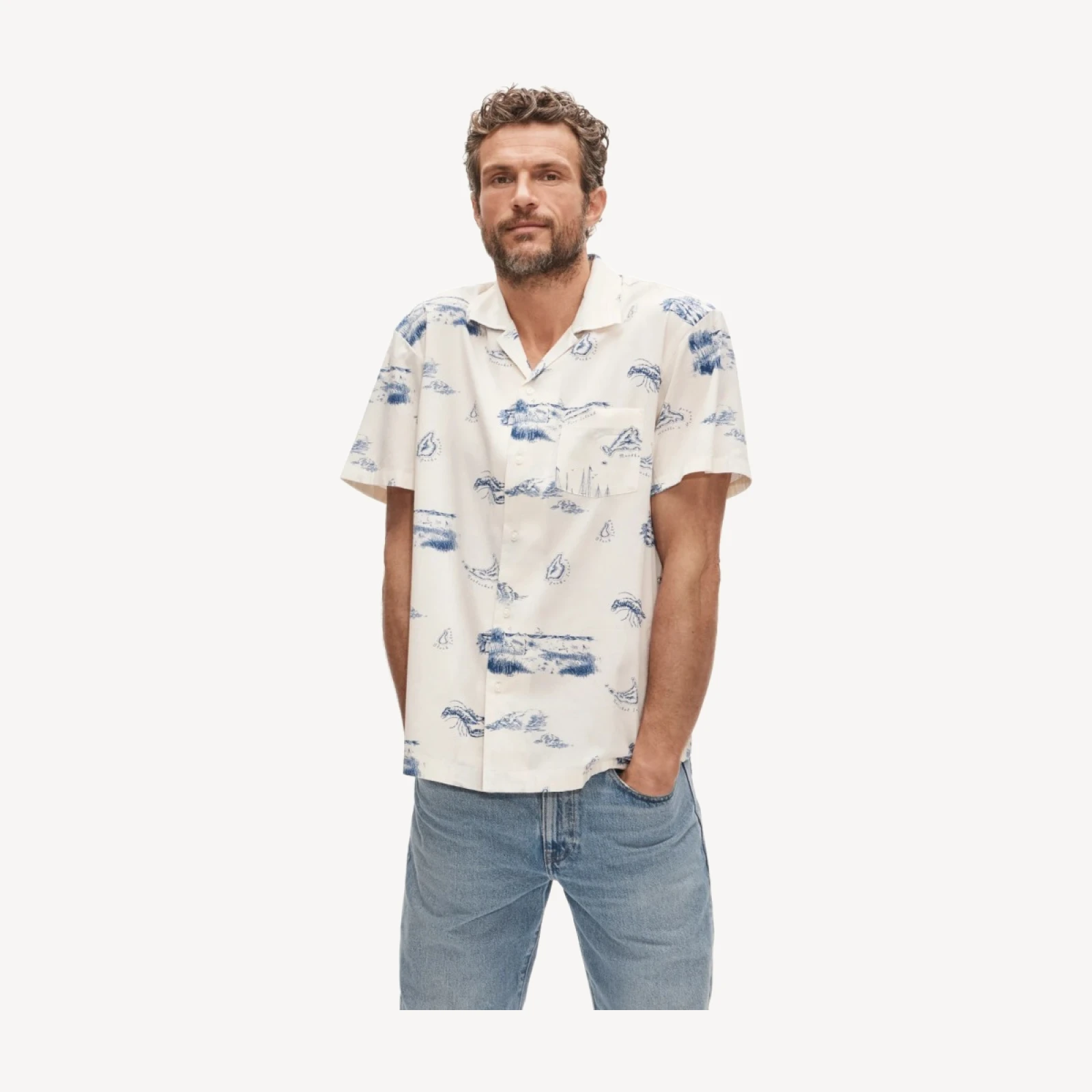 Short-sleeve camp-collar shirt in cotton-viscose blend