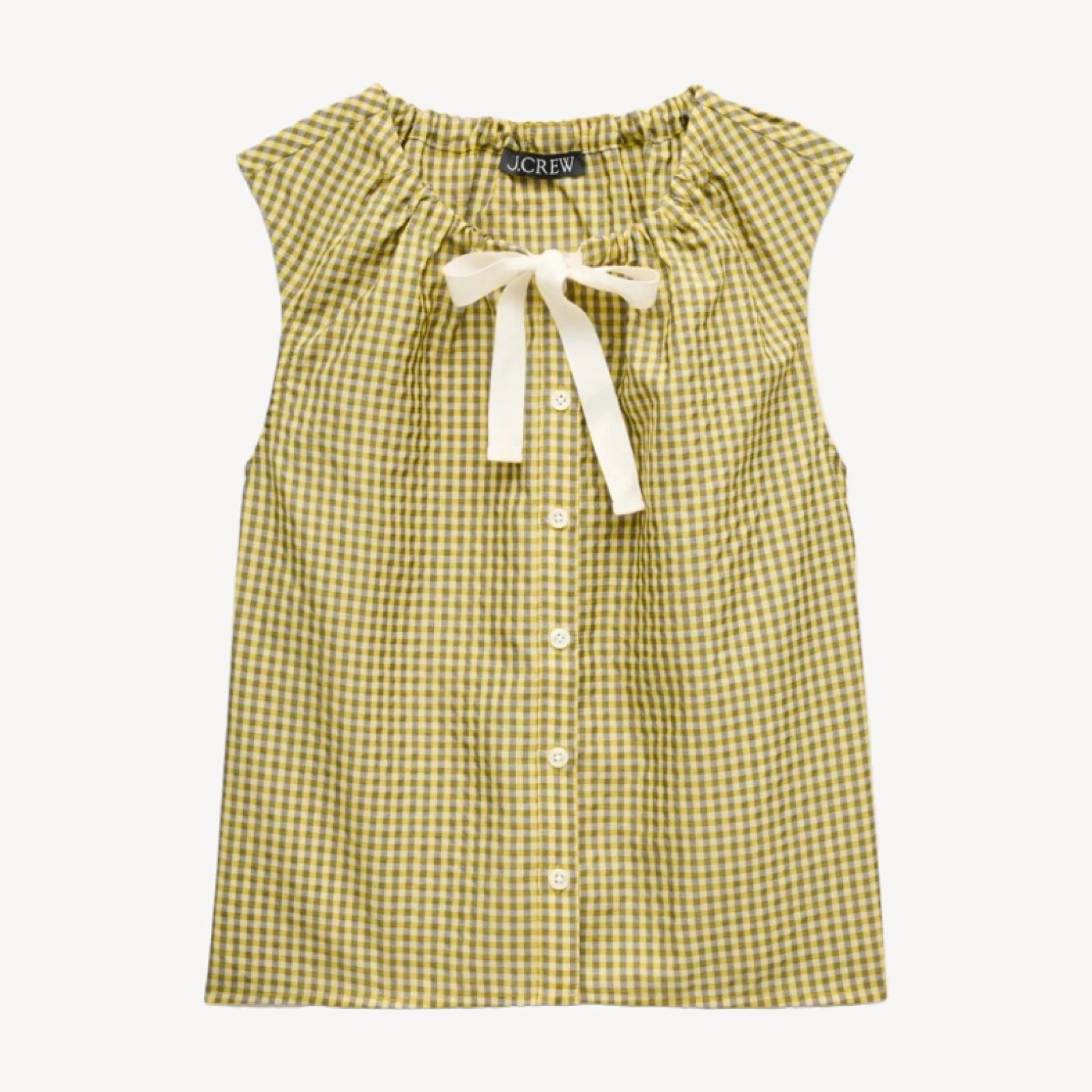 Tie-neck button-up tank top in gingham