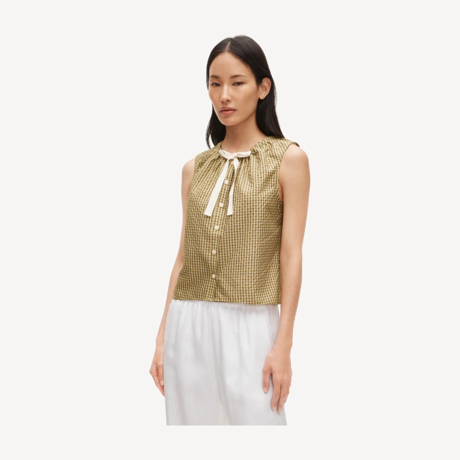 Tie-neck button-up tank top in gingham