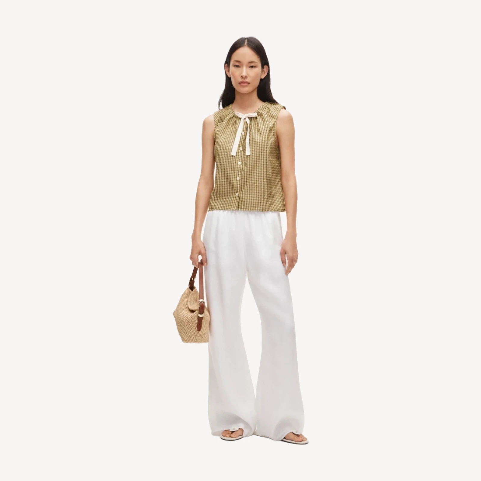 Tie-neck button-up tank top in gingham