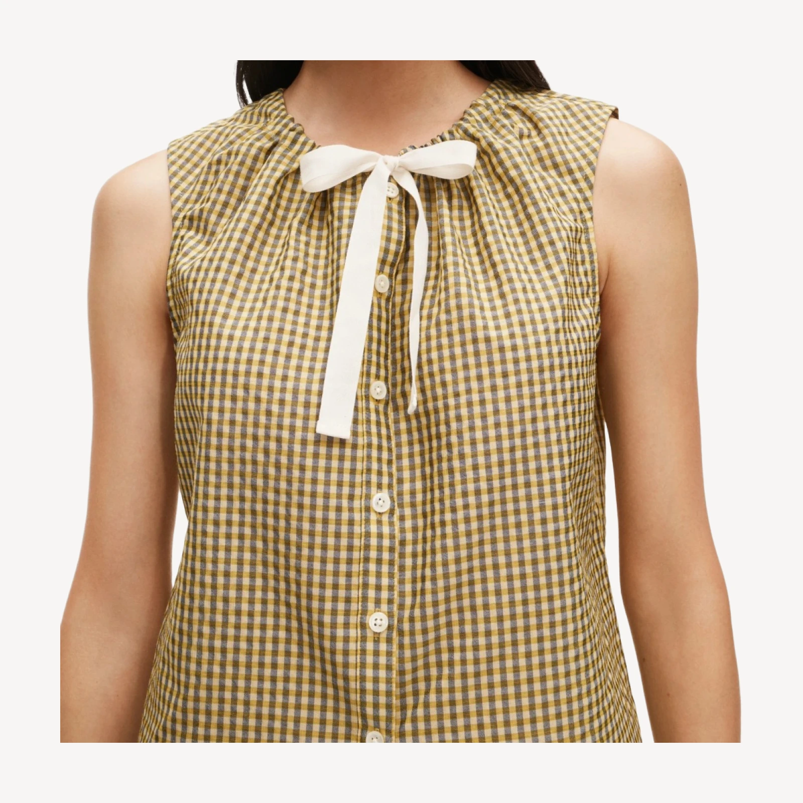 Tie-neck button-up tank top in gingham