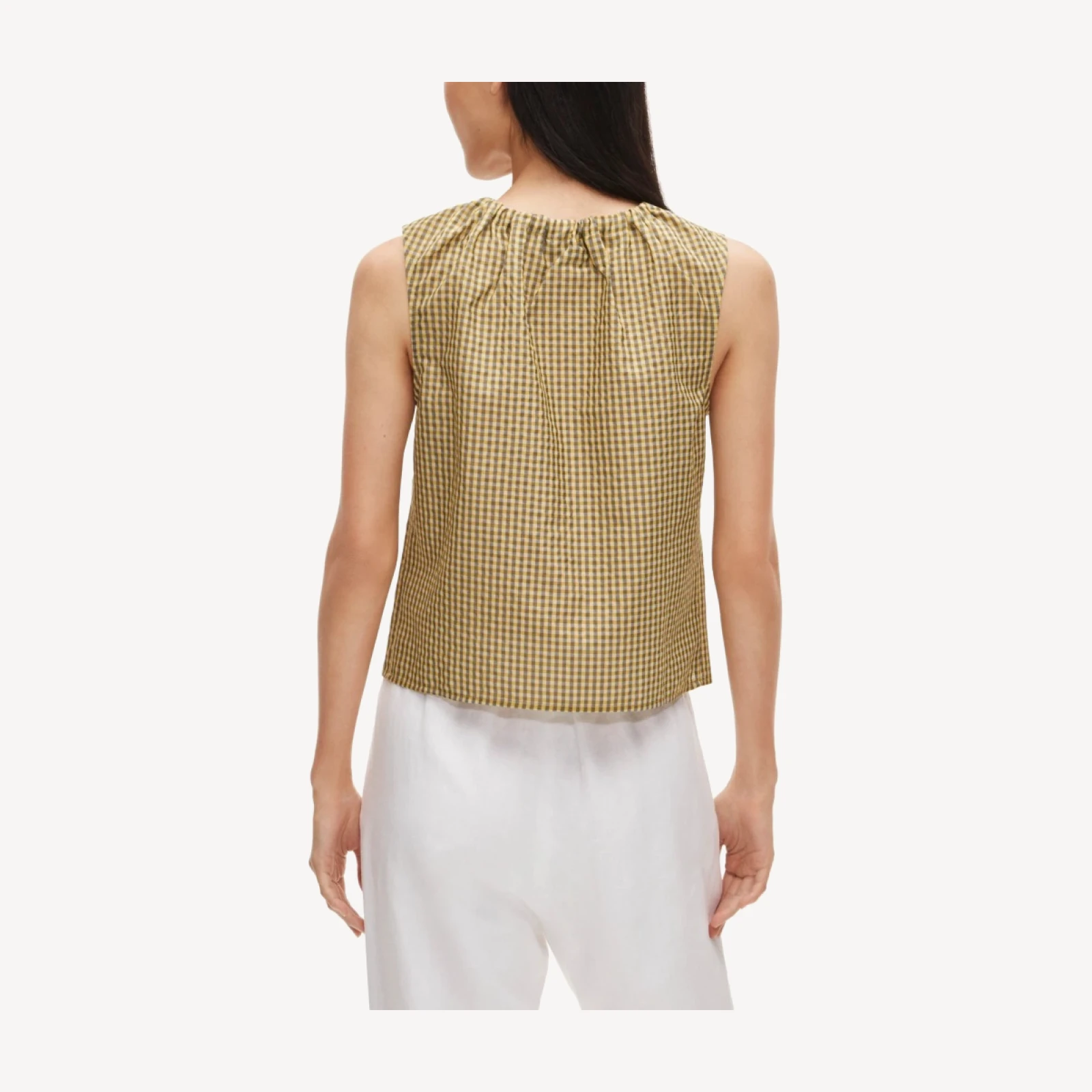 Tie-neck button-up tank top in gingham
