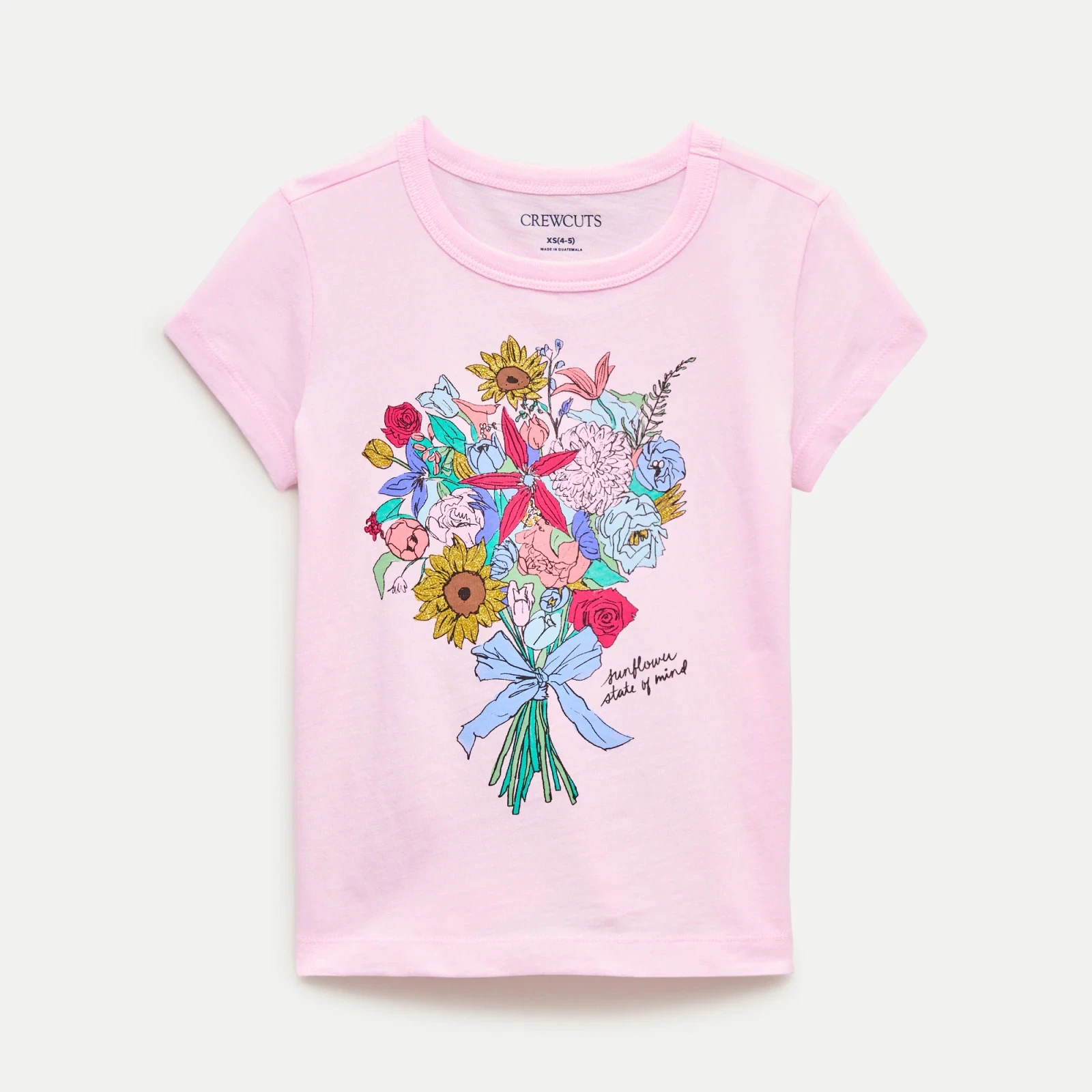 Girls' short-sleeve bouquet graphic T-shirt with glitter