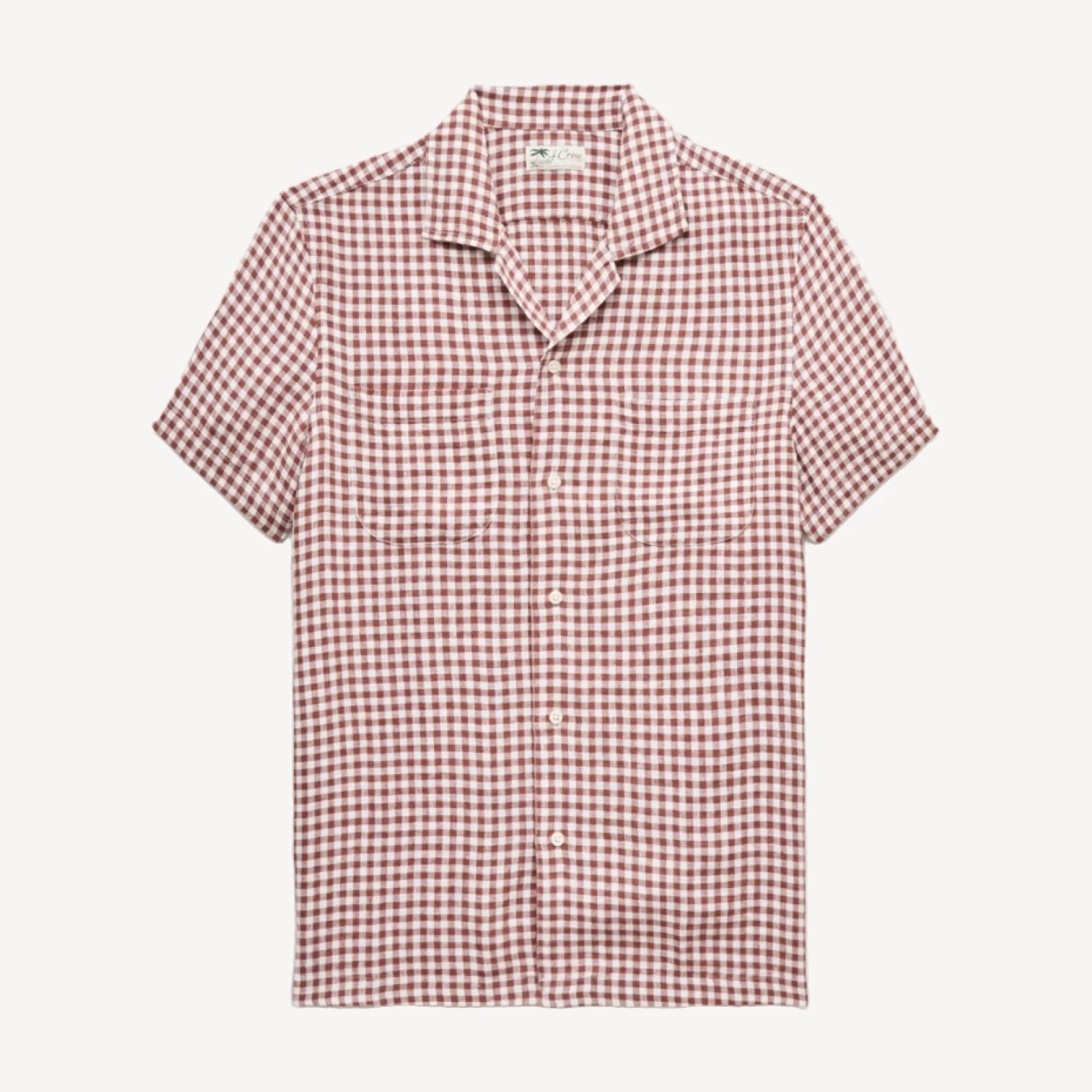 Short-sleeve linen camp-collar shirt in gingham