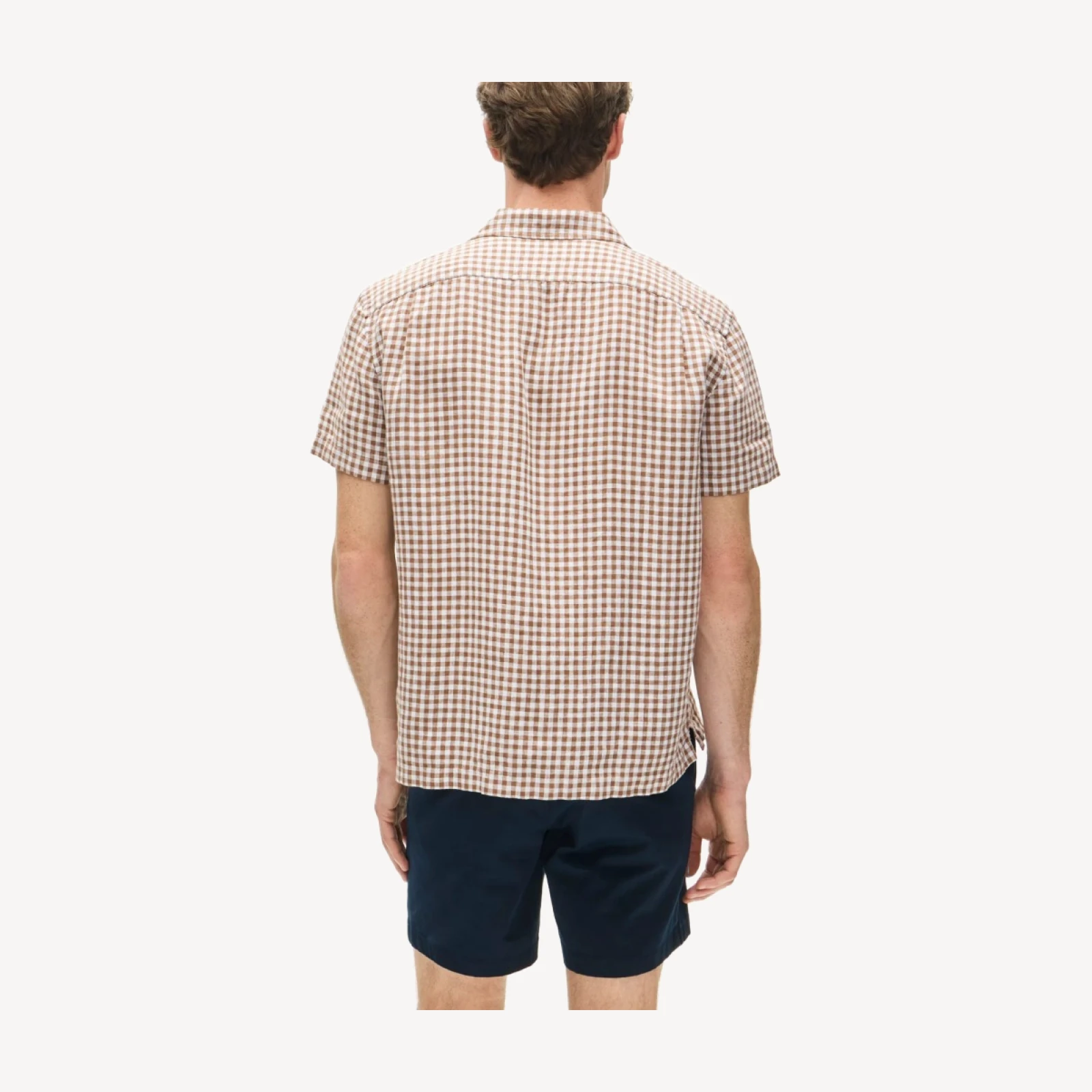 Short-sleeve linen camp-collar shirt in gingham