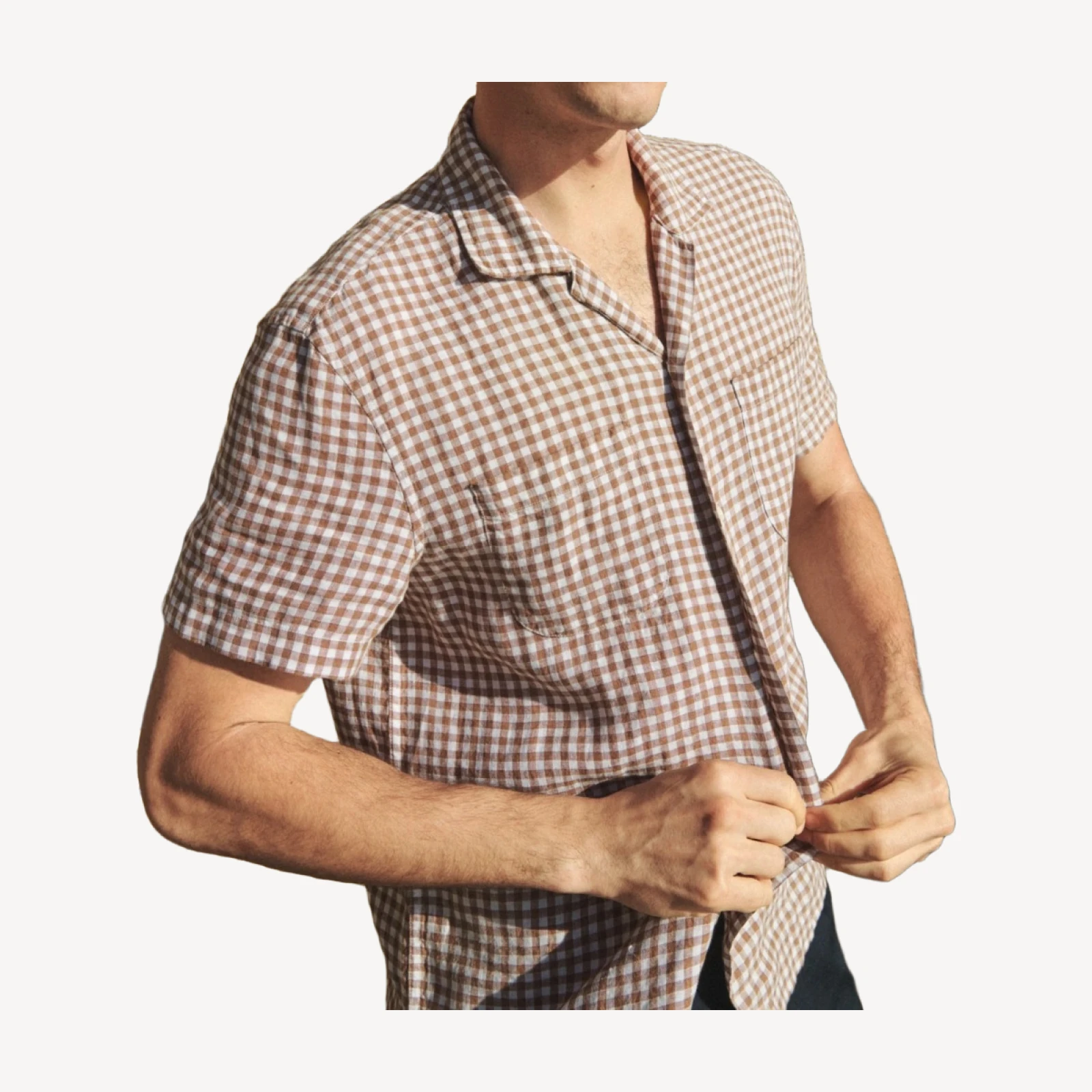 Short-sleeve linen camp-collar shirt in gingham