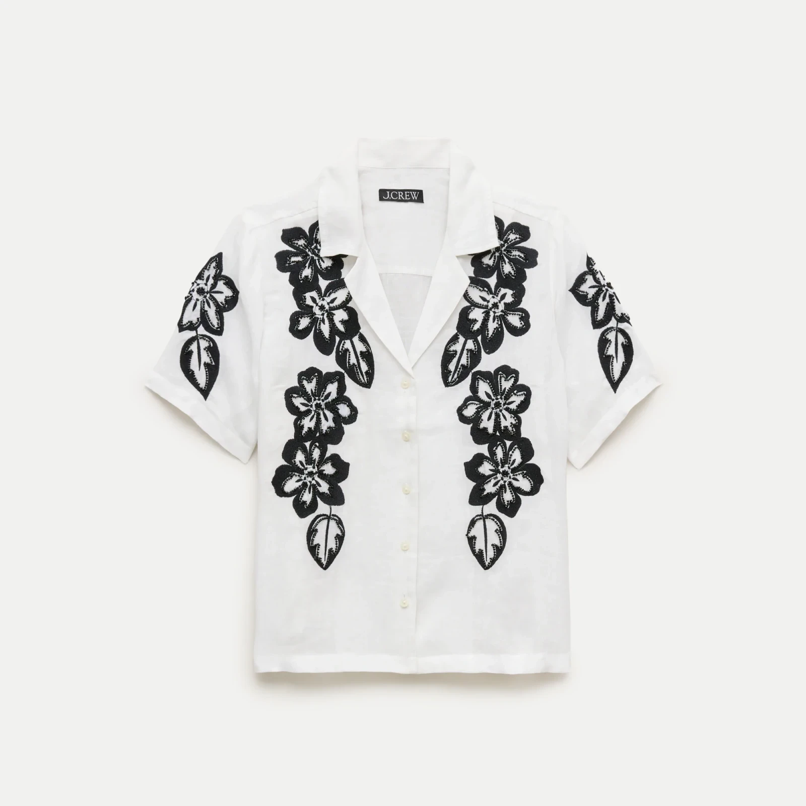 Short-sleeve button-up top in beaded floral