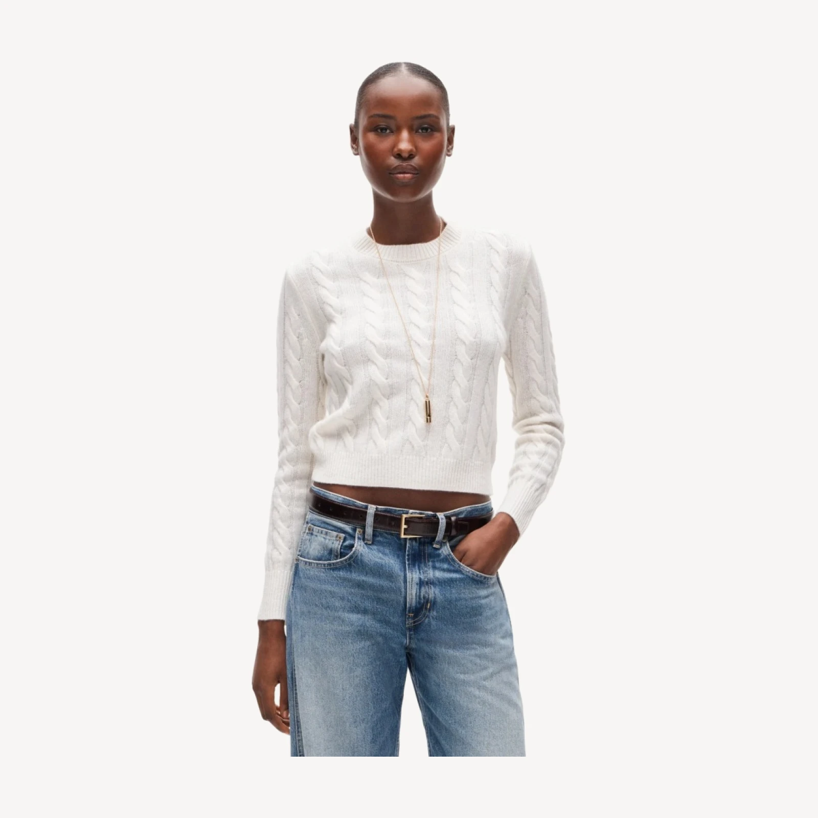 Cashmere shrunken crewneck in cable knit