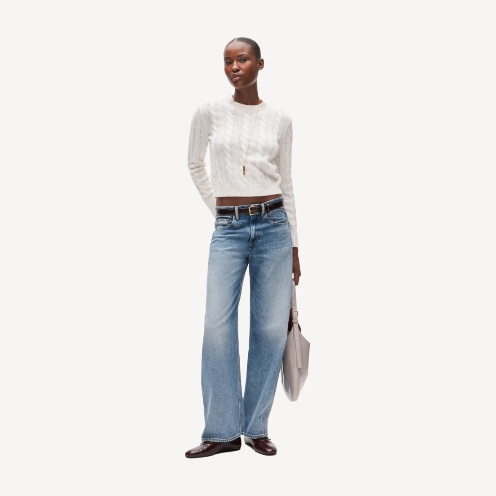 Cashmere shrunken crewneck in cable knit
