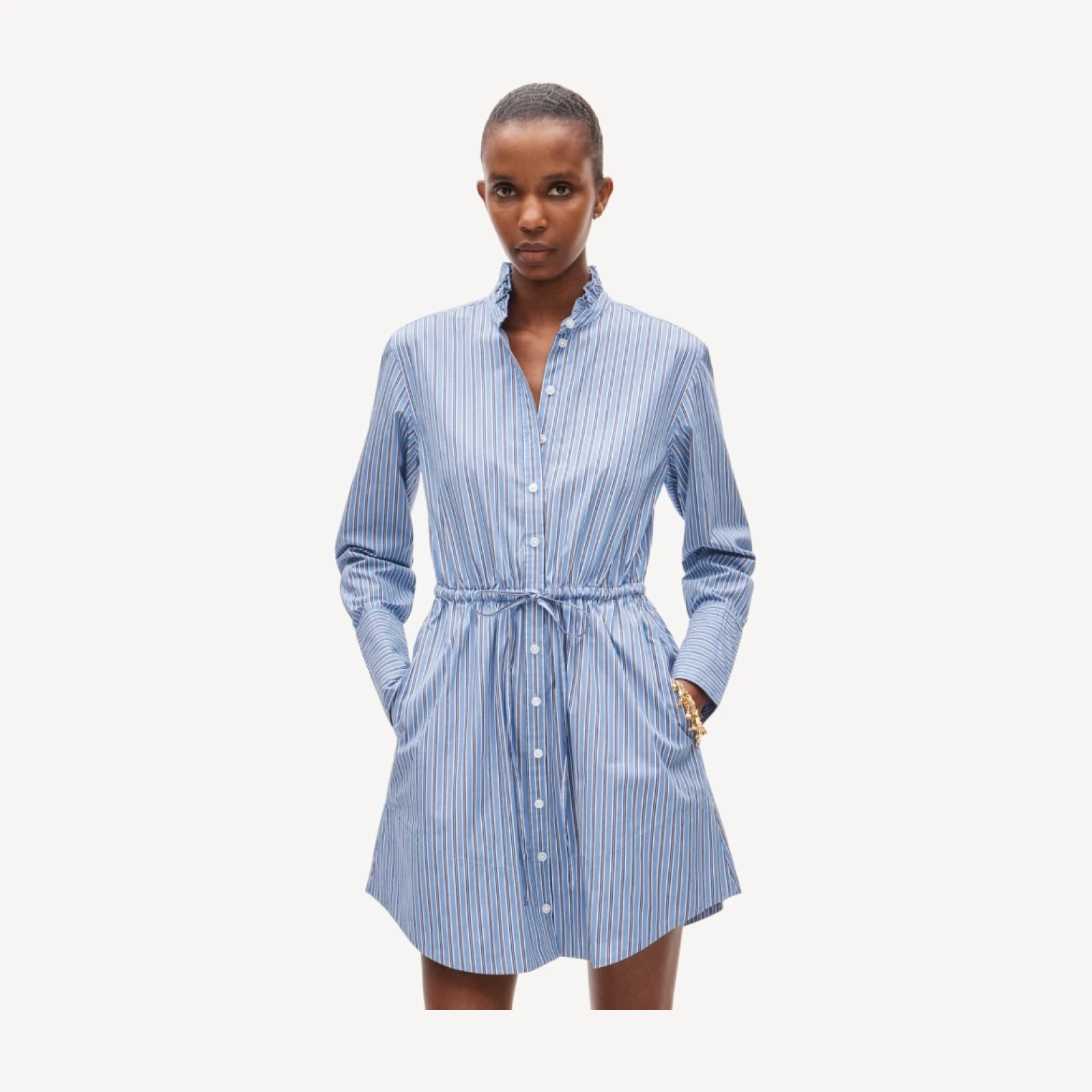 Ruffle-collar mini shirt-dress in striped Greenwich poplin