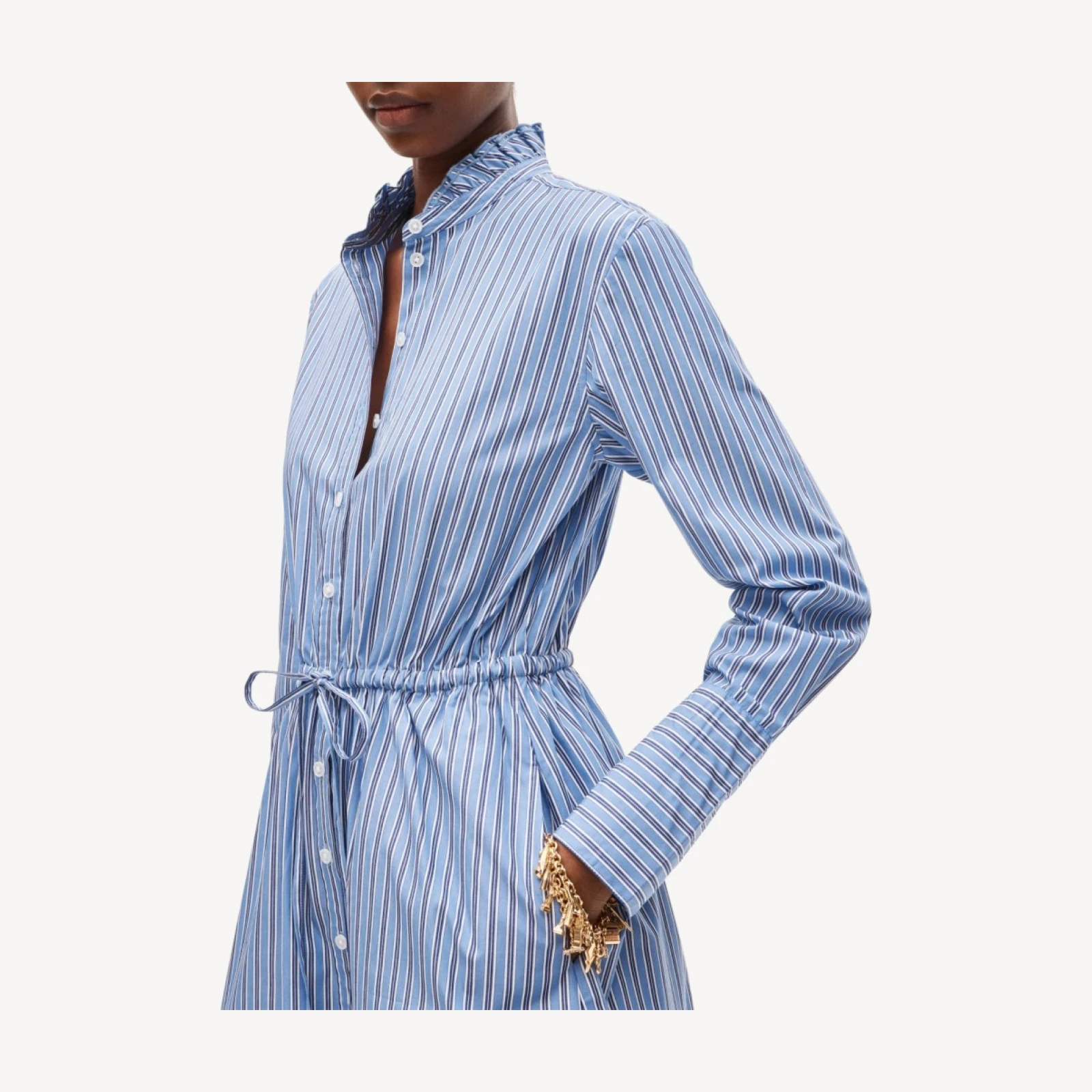 Ruffle-collar mini shirt-dress in striped Greenwich poplin