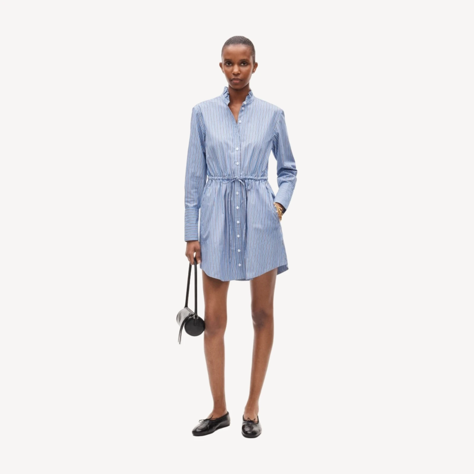 Ruffle-collar mini shirt-dress in striped Greenwich poplin