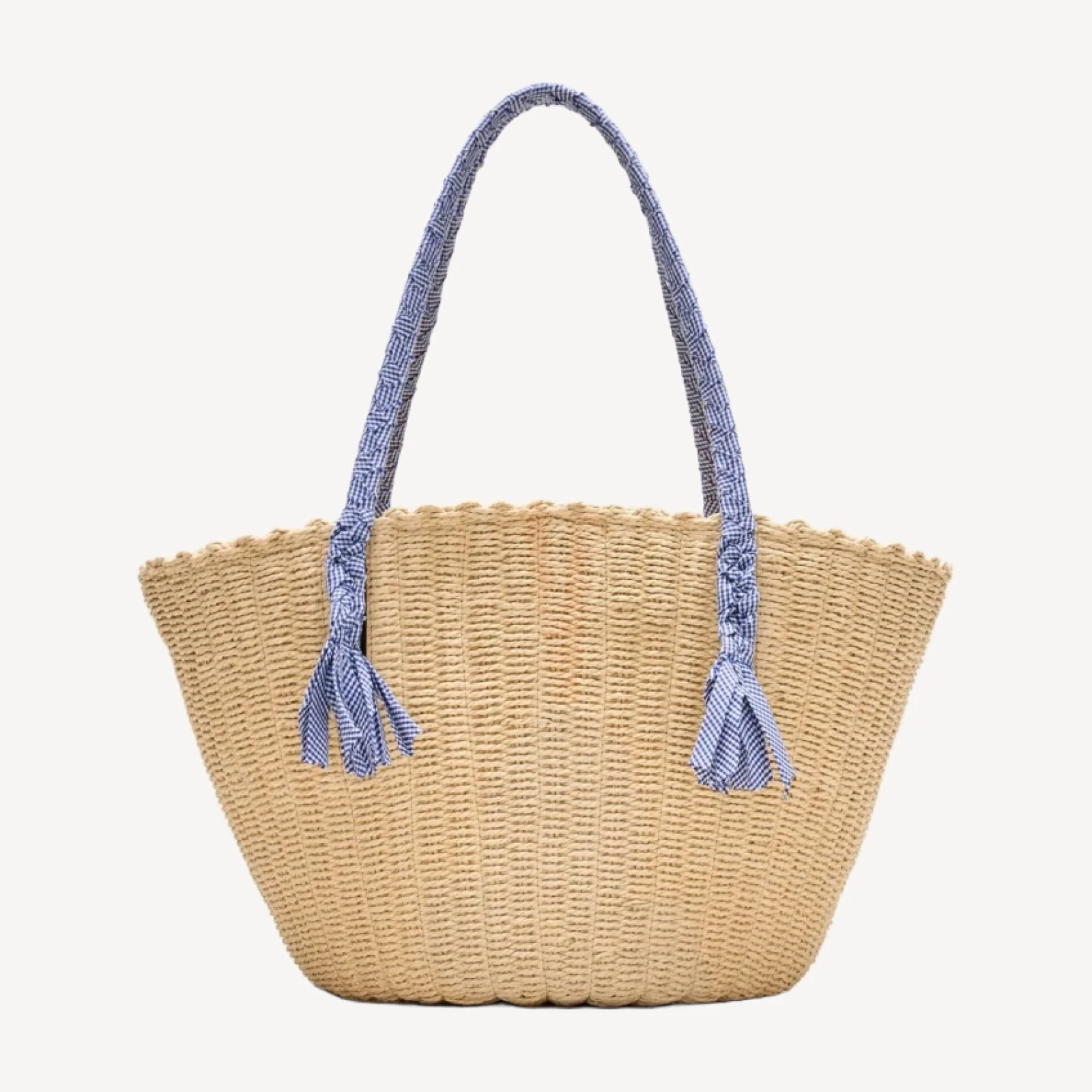 Como handwoven straw tote with gingham handles