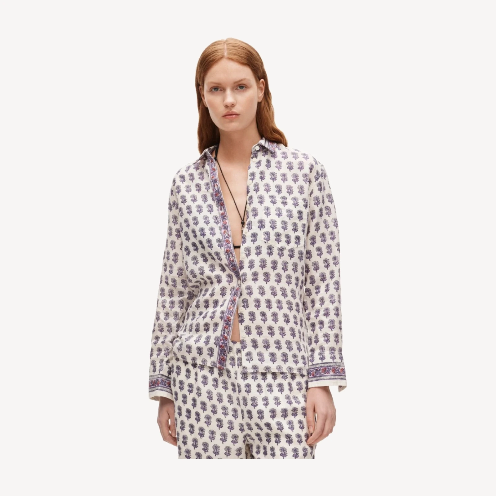 Garçon classic shirt in lilac block-print linen