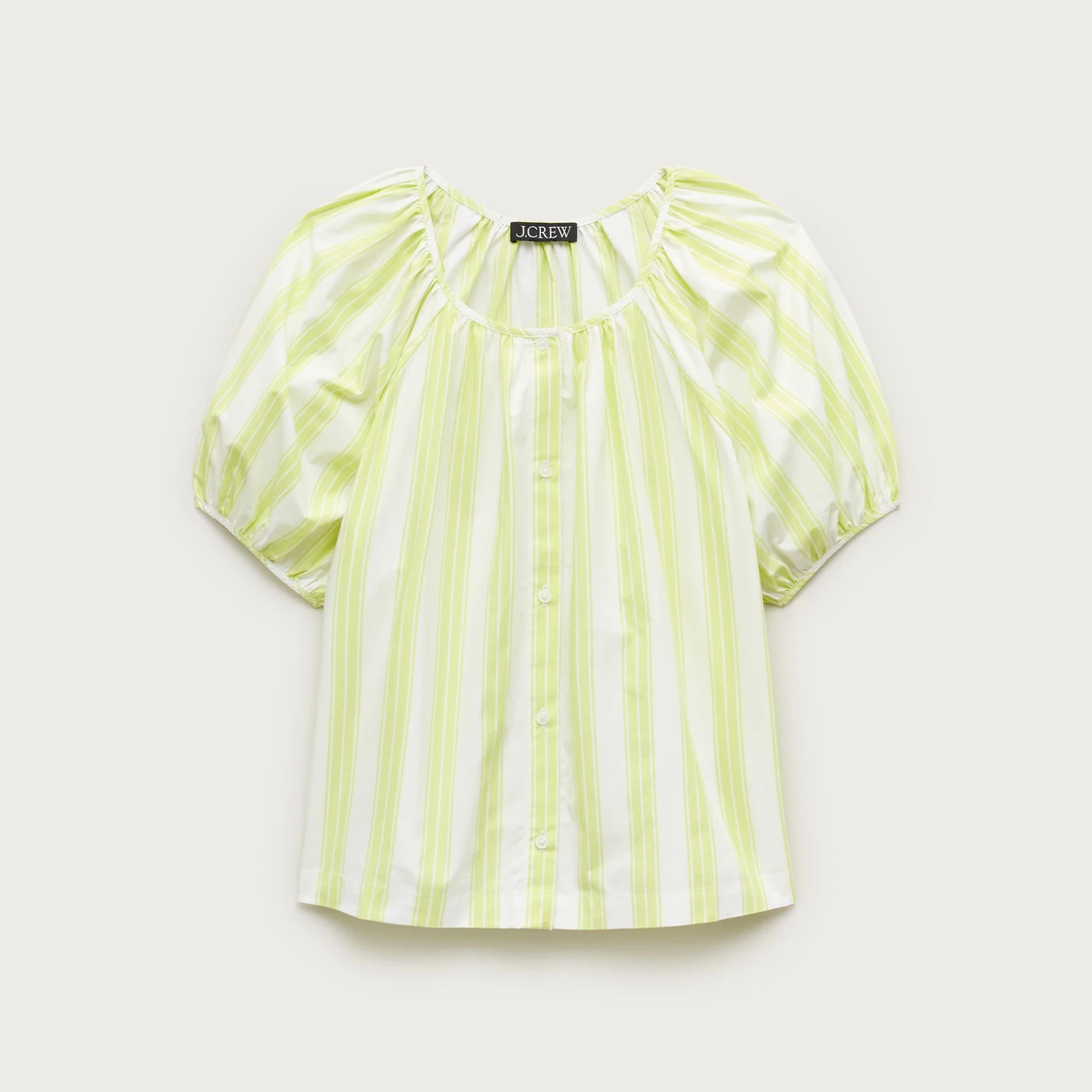 Puff-sleeve button-up top in cotton poplin stripe