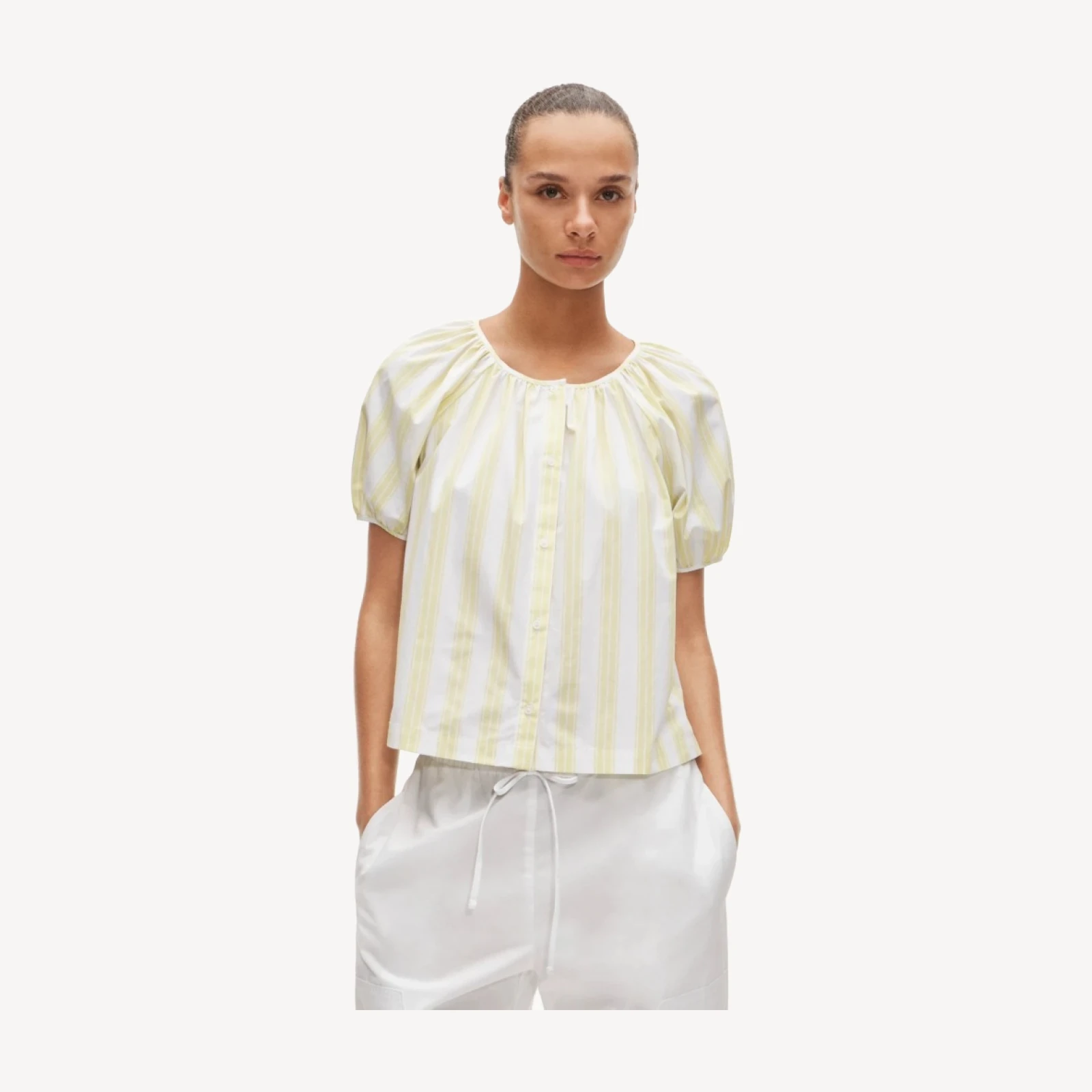 Puff-sleeve button-up top in cotton poplin stripe