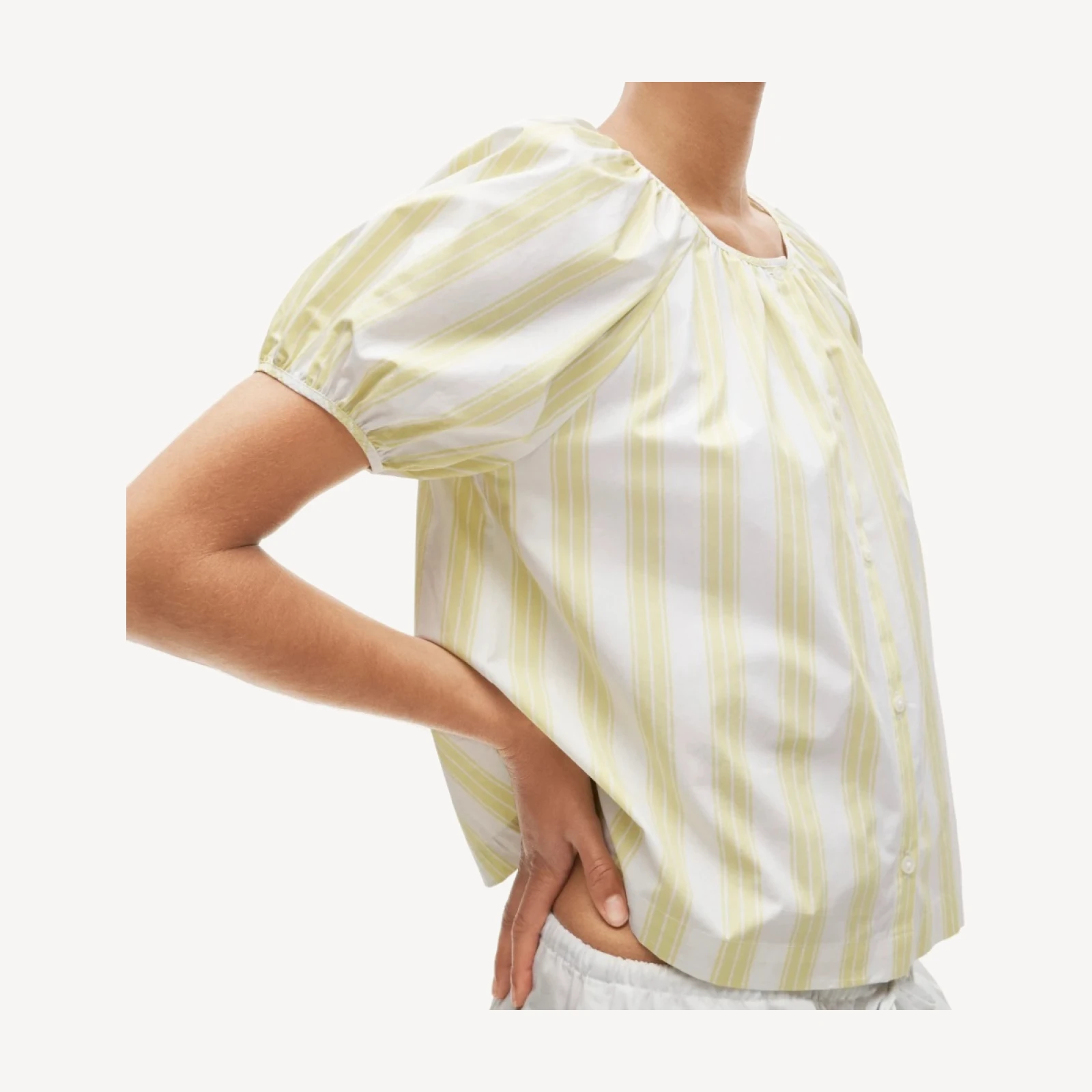 Puff-sleeve button-up top in cotton poplin stripe