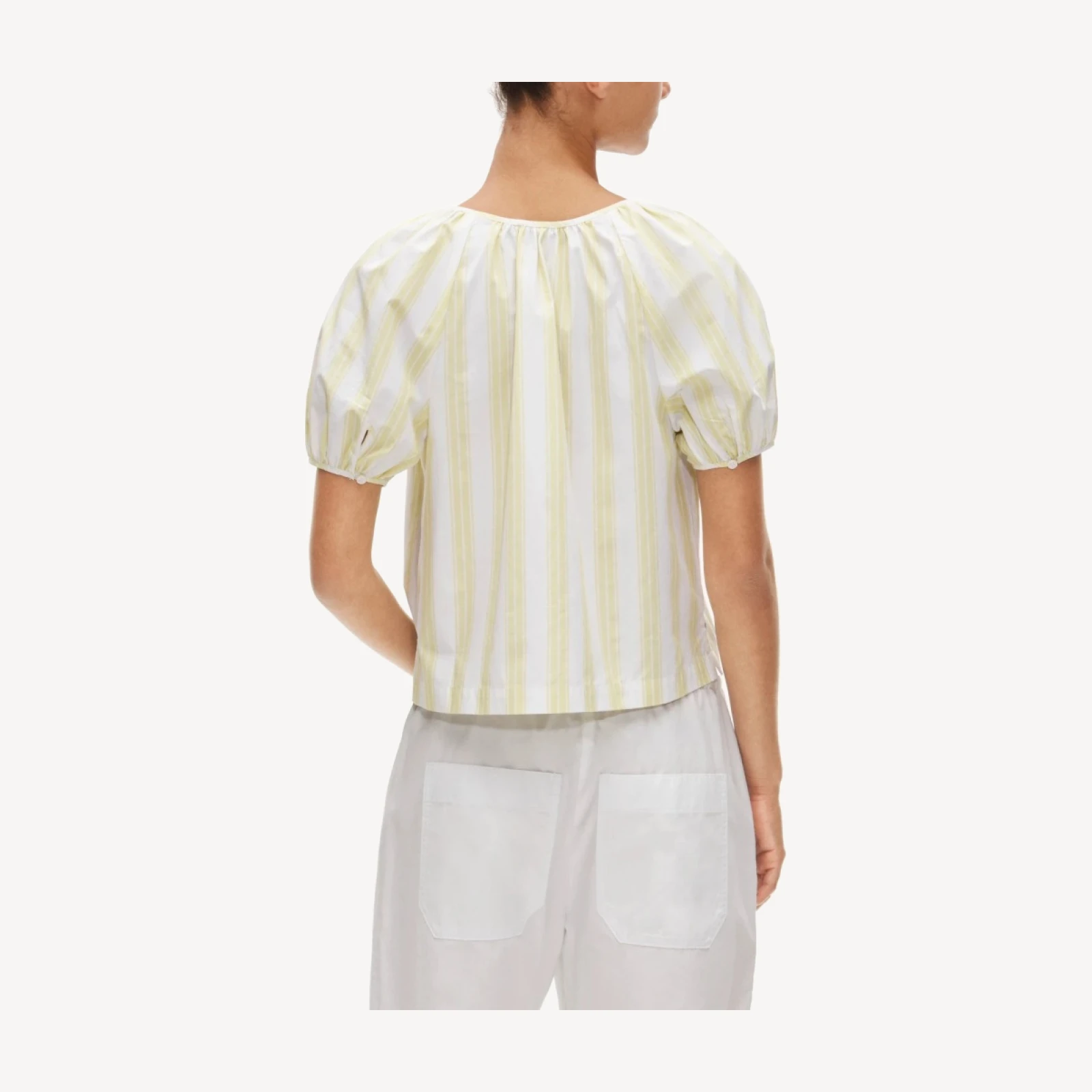 Puff-sleeve button-up top in cotton poplin stripe